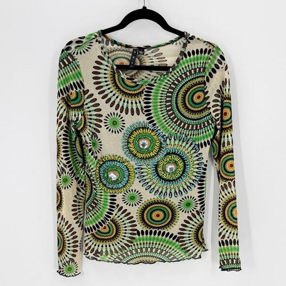 Vintage AZI mesh top beaded embellished patterned design semi sheer size L Y2K - Picture 1 of 7